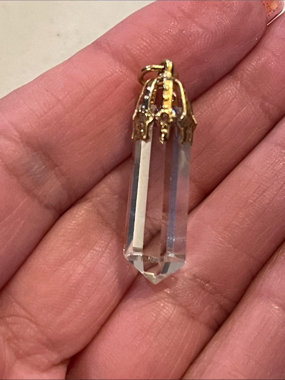 Vintage Gold-Cap Clear Crystal Point Pendant Necklace Pendant Pretty